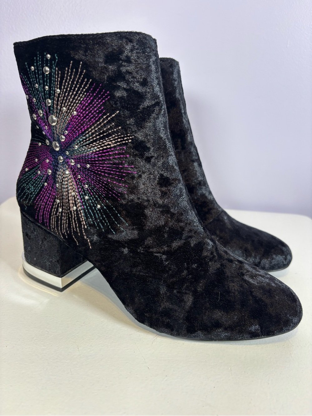 Design Lab Aunti Black Velvet Whimsigoth Ankle Boots with Purple & Teal Accent
